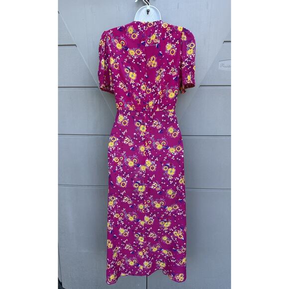 Saloni Lea Silk Pink Floral Button-Front Midi Dress Puff Sleeves US 0 Feminine - Picture 6 of 16